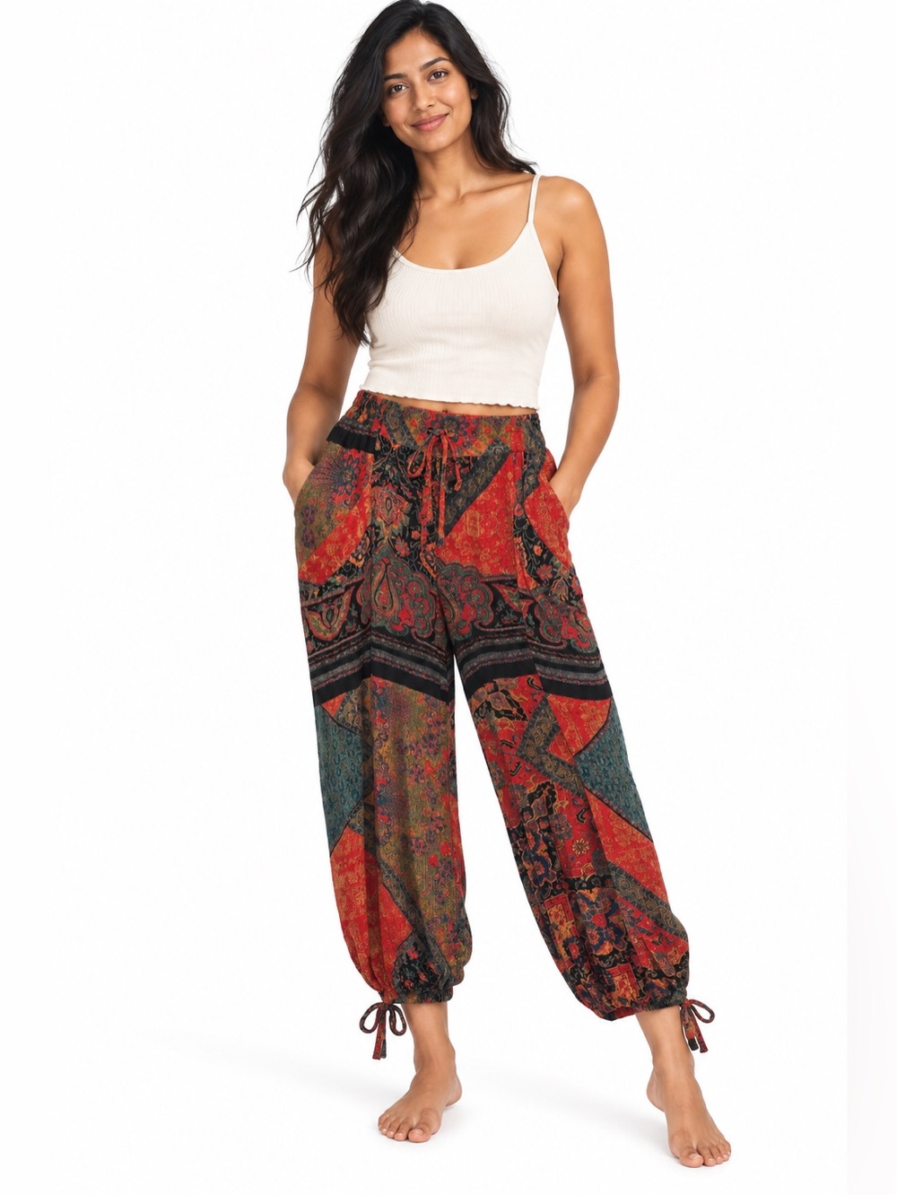 Free People Orange Patchwork Paisley Harem Boho Pants XS